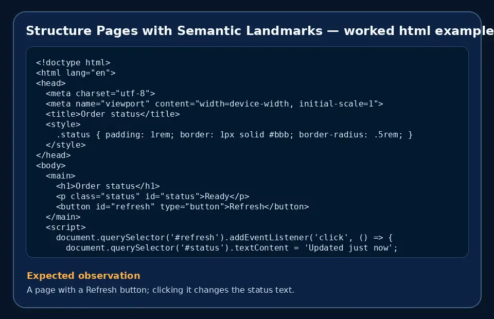 Code example for Structure Pages with Semantic Landmarks with the expected observation.