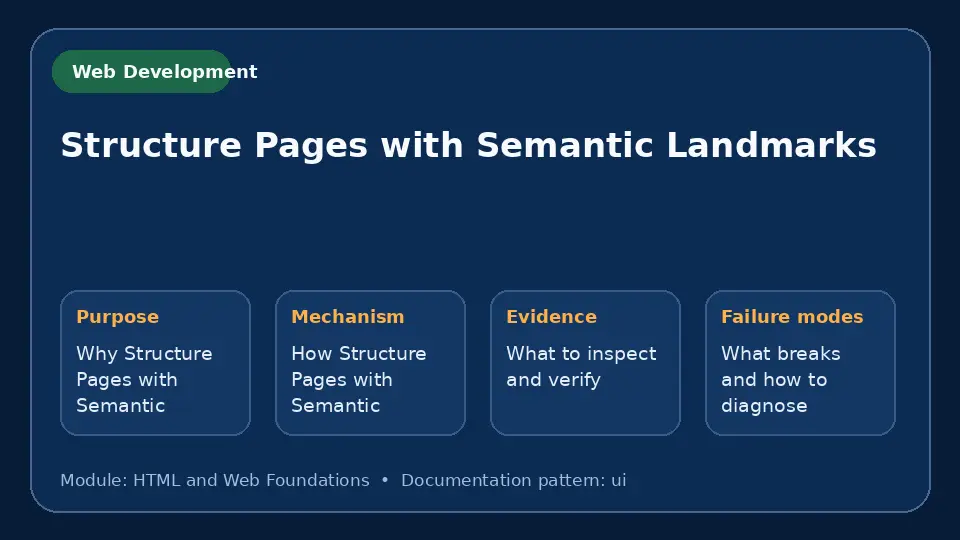 Concept map for Structure Pages with Semantic Landmarks showing purpose, mechanism, verification evidence and failure modes.