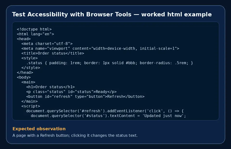 Code example for Test Accessibility with Browser Tools with the expected observation.