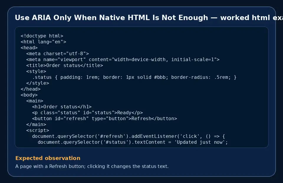 Code example for Use ARIA Only When Native HTML Is Not Enough with the expected observation.