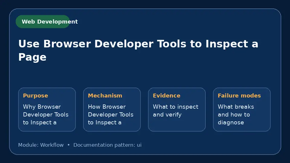 Concept map for Use Browser Developer Tools to Inspect a Page showing purpose, mechanism, verification evidence and failure modes.