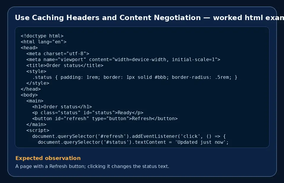 Code example for Use Caching Headers and Content Negotiation with the expected observation.