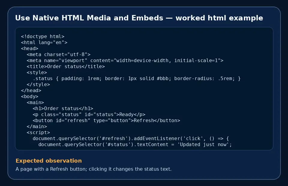 Code example for Use Native HTML Media and Embeds with the expected observation.